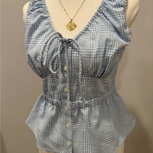 Astr Light Blue Gingham Button-Up Blouse